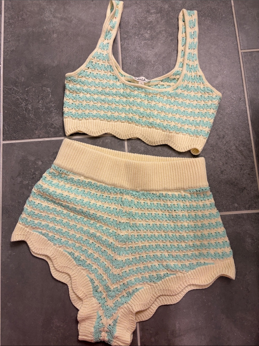 For Love & Lemons Crochet Bralette & High-Waist Shorts Set - Cream & Light Blue